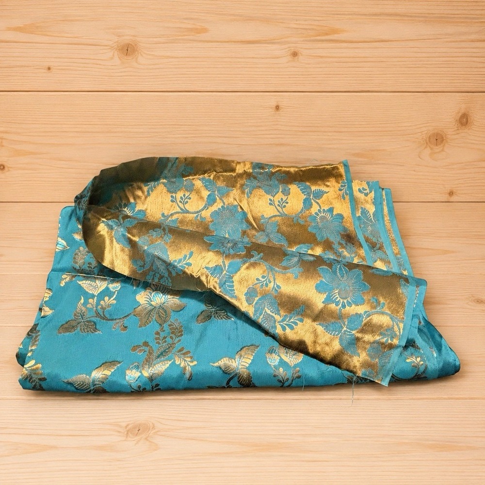 2.1 yards Teal Gold Floral Brocade Jacquard Fabric Vintage Style Reversible [C]